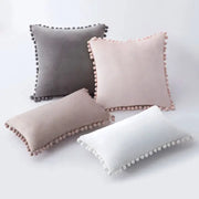 Simples Market velvet cushion covers set of four with fringe tassel edging in gray, blush pink, beige, and white