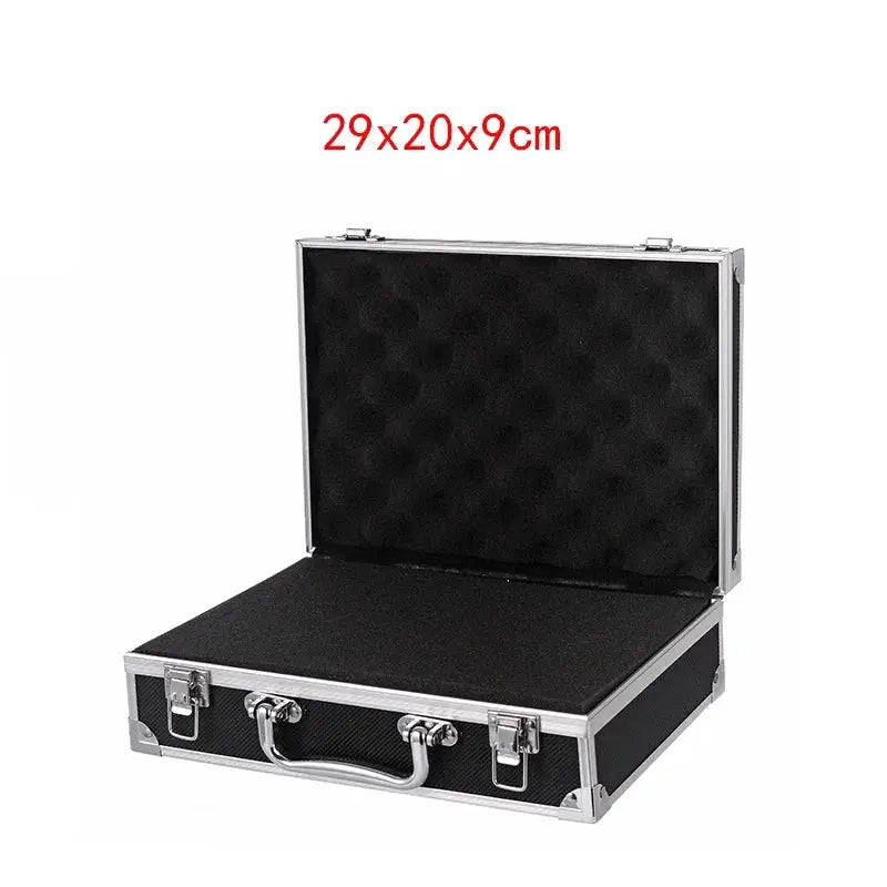 Shockproof aluminum tool organizer case with foam-lined black interior, 29x20x9 cm