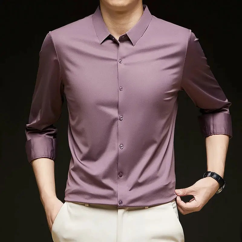 Premium men's ultra-stretch silky purple long-sleeve business shirt