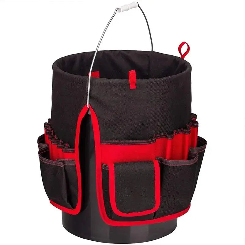 Simples Market garden tool bucket kit in black Oxford cloth with red trim and multiple exterior tool pockets