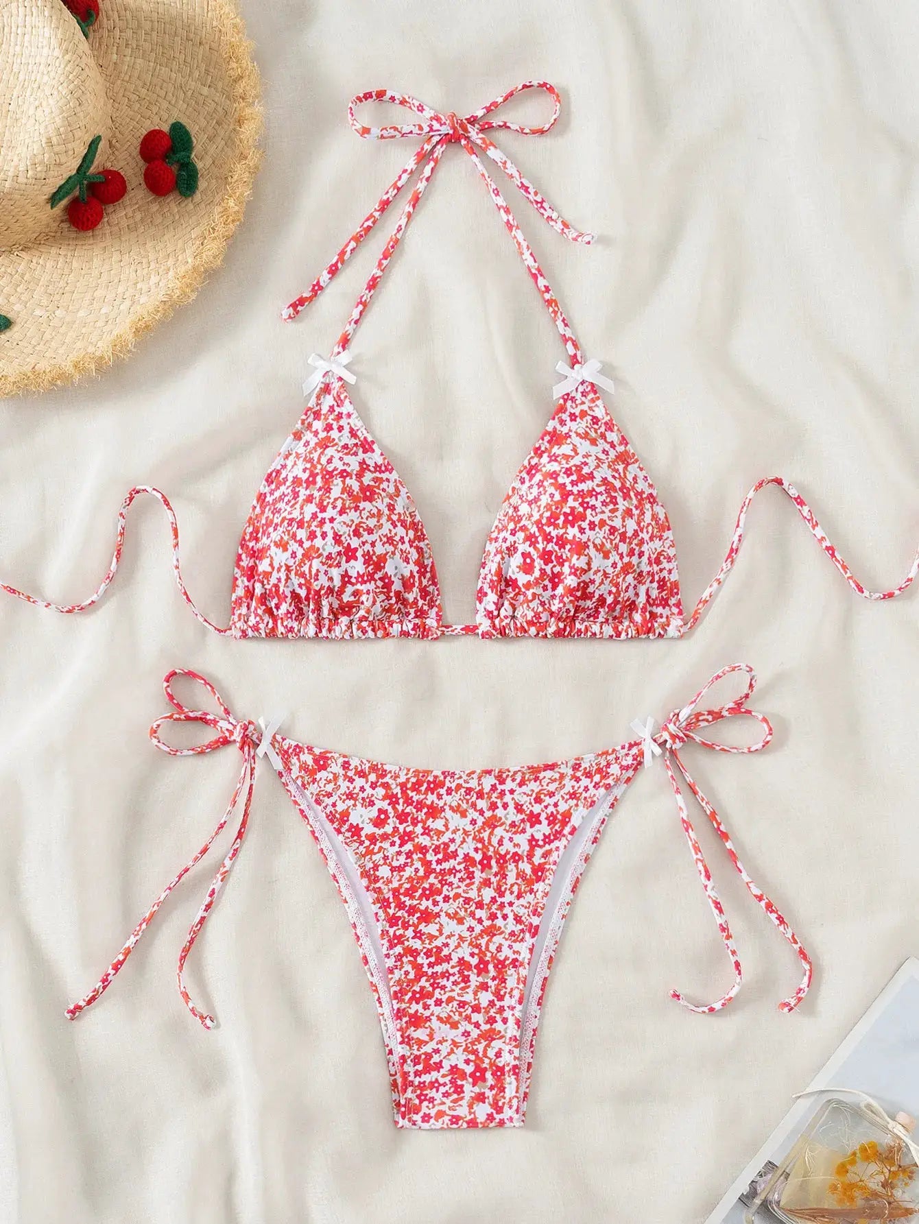 Simples Market 2-piece floral red bikini set with triangle top and adjustable tie sides