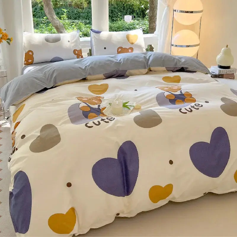Kawaii bear printed duvet cover bedding set with purple and yellow hearts and pillowcases Simples Market