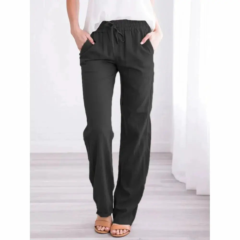 LumaWear Cotton Linen Drawstring Pants For Women Breathable Elastic Waist Casual Trousers With Loose Straight Leg