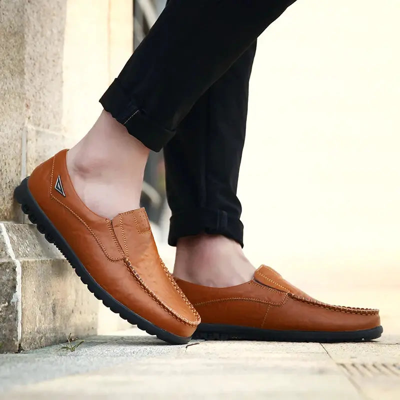 Genuine leather men's casual loafers slip-on brown with black rubber sole, Simples Market