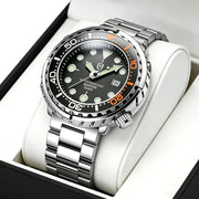 Stainless steel men's quartz wristwatch with black dial, orange bezel, date window, and luminous markers
