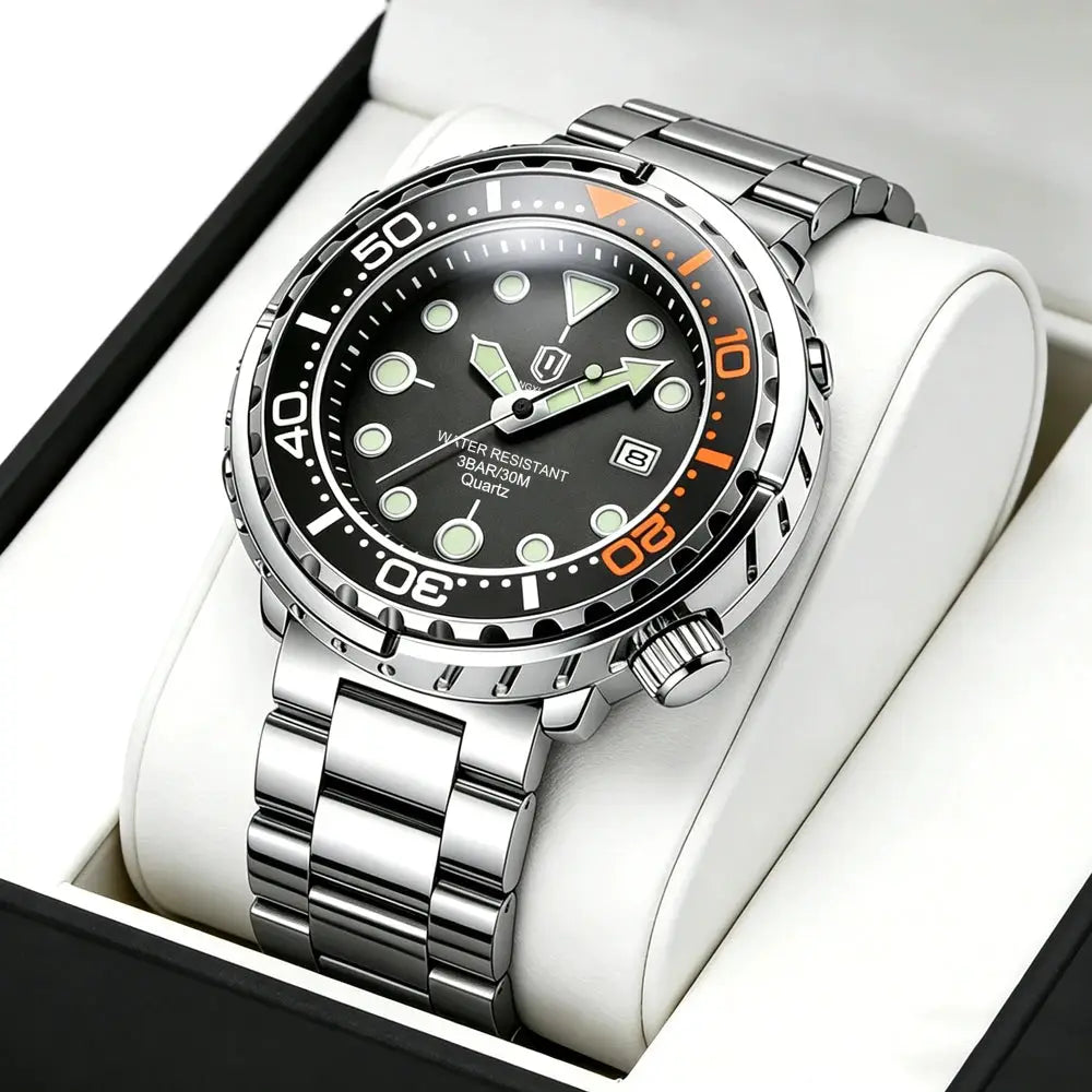 Stainless steel men's quartz wristwatch with black dial, orange bezel, date window, and luminous markers