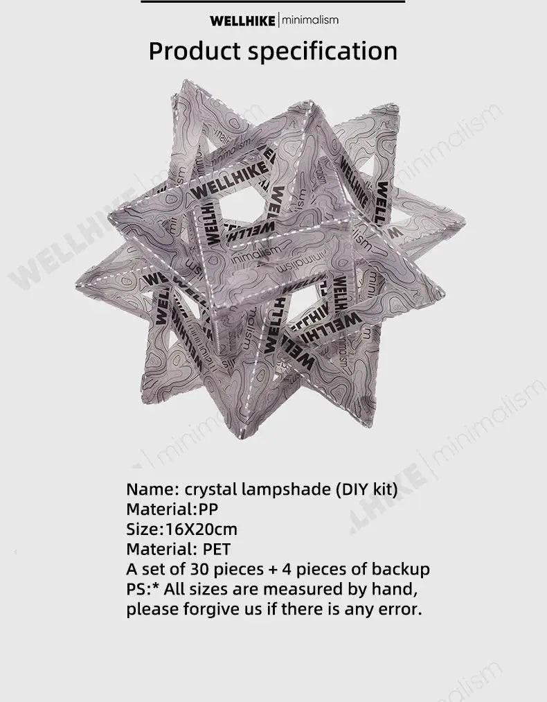 WELLHIKE crystal star lampshade DIY kit; 30-piece grey interlocking lantern shade for camping tents