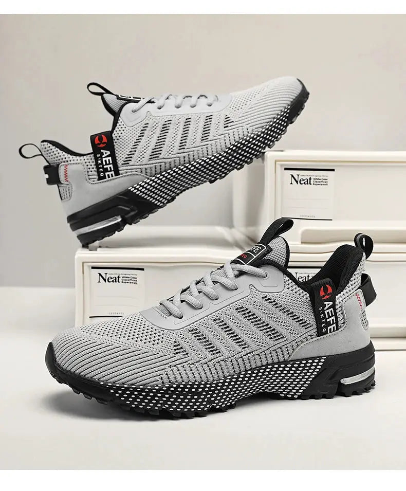 Simples Market men's running shoes, breathable grey mesh sneakers with a black speckled sole, pair shown