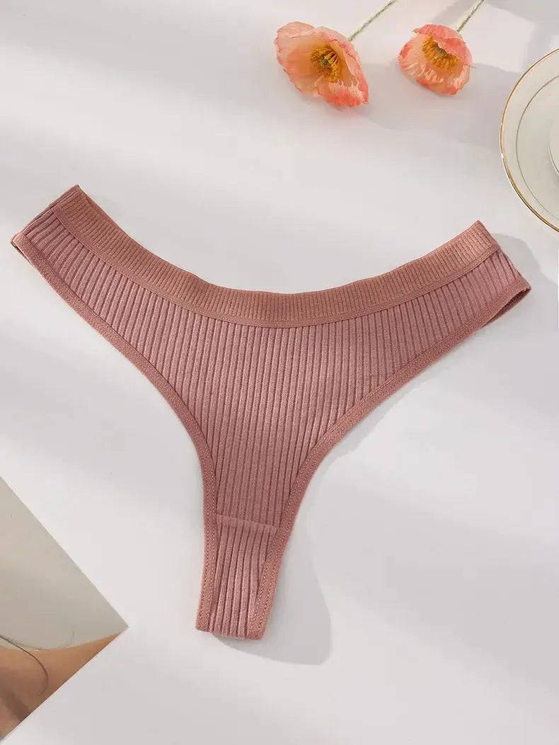 Women’s rose-pink ribbed cotton thong underwear, G-string style, Simples Market