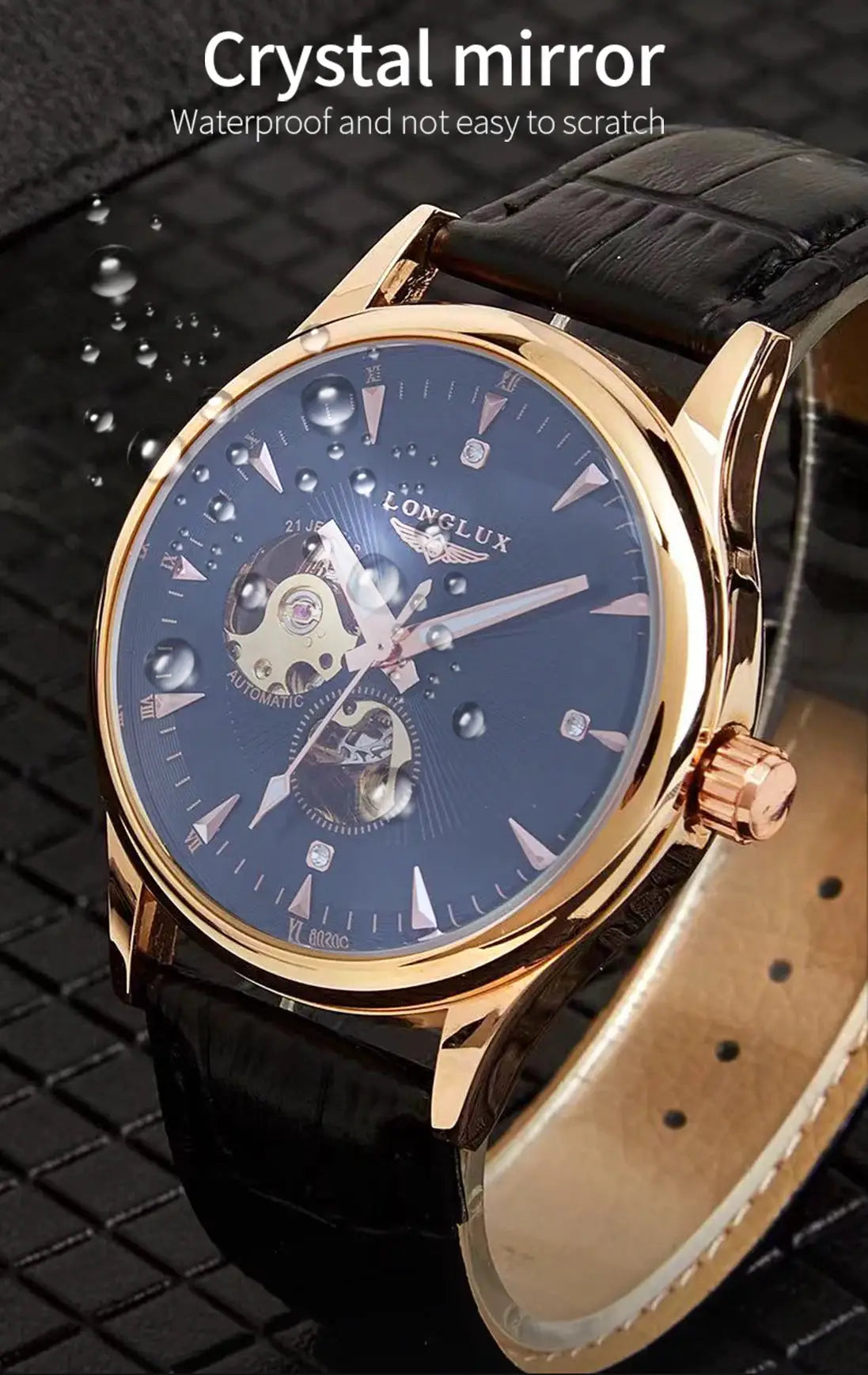 LONGLUX automatic men's wristwatch with rose-gold case, blue skeleton dial, black leather strap