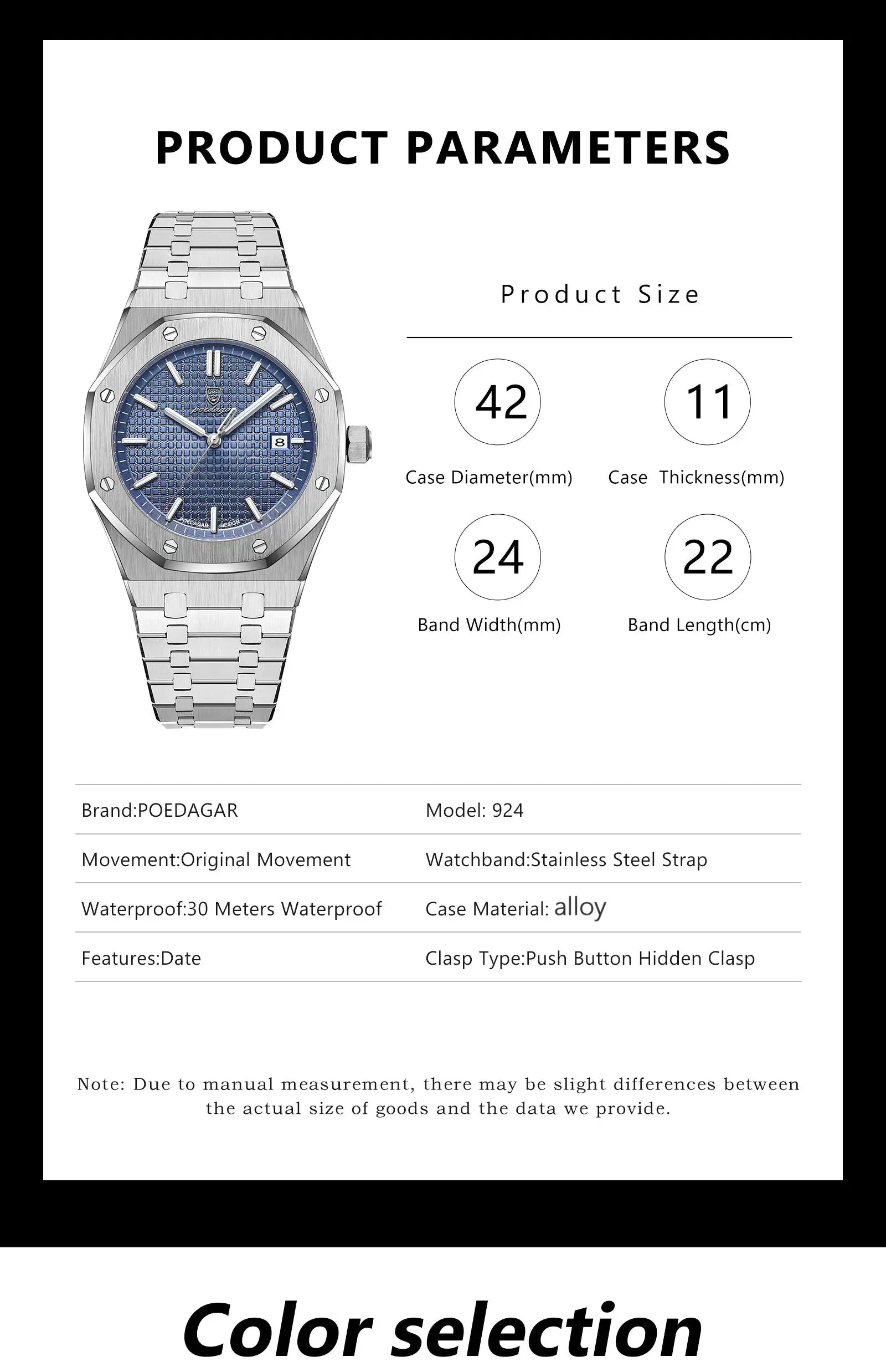 POEDAGAR stainless steel men's wristwatch with blue dial, date window, waterproof 30m