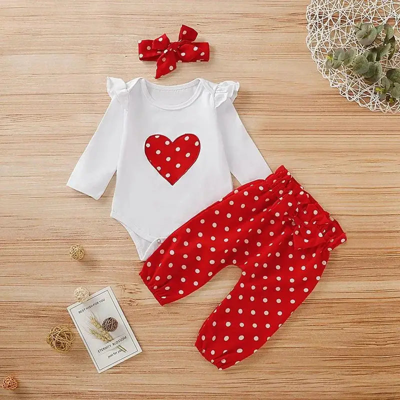 3 Piece Newborn Baby Girl Clothes Set Love Heart Long Sleeve Romper Pant Headband Fashion Outfit For 0 To 18 Months