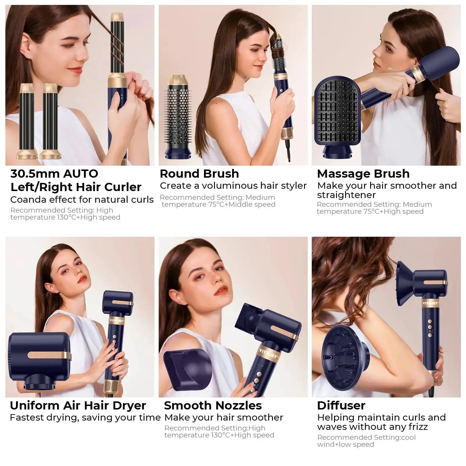 Simples Market 7-in-1 hair dryer brush set with 7 attachments, navy blue with gold accents and diffuser