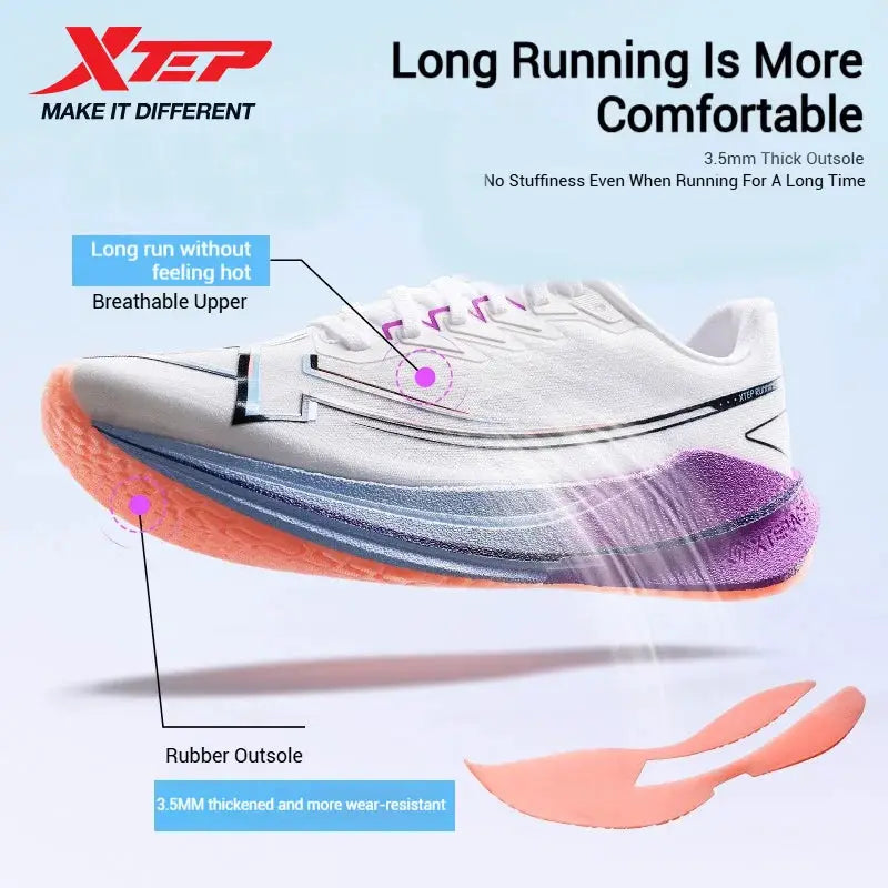 Xtep Shyft 1.0 running shoes for men with white upper and gradient blue-purple midsole, orange outsole