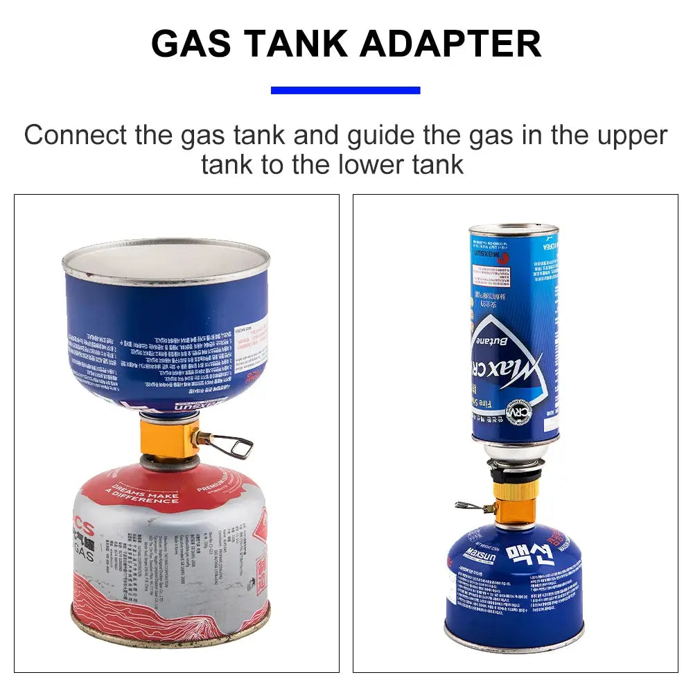 Widesea camping stove propane refill adapter; orange connector shown with two canister setups on red and blue gas cylinders