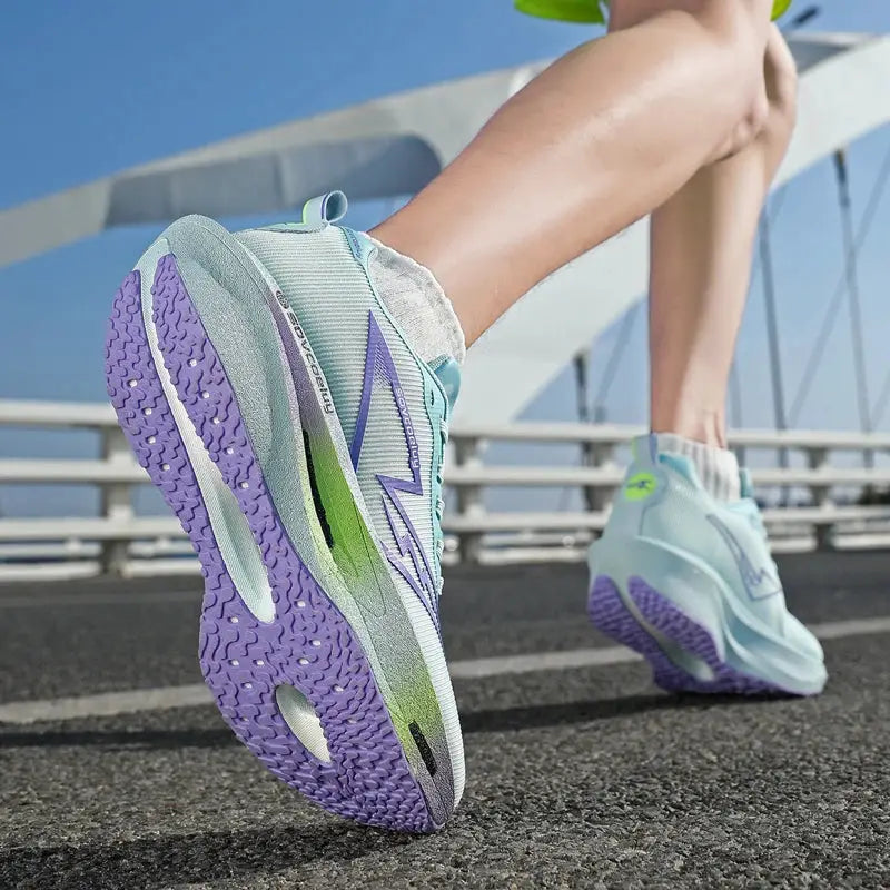 Pair of mesh running shoes in light blue with purple outsole, breathable lightweight athletic sneakers