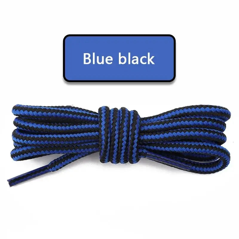 Round cotton shoelaces, blue and black striped, 1 pair for outdoor boots and sneakers.