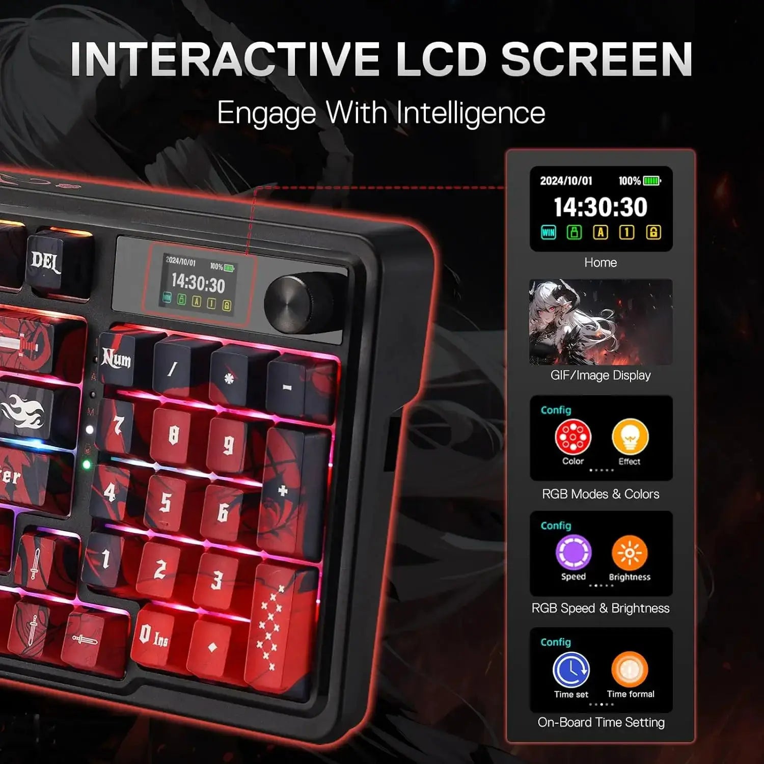 Redragon K719 PRO wireless gasket gaming keyboard with 95 keys, red backlit and 1.14-inch TFT display