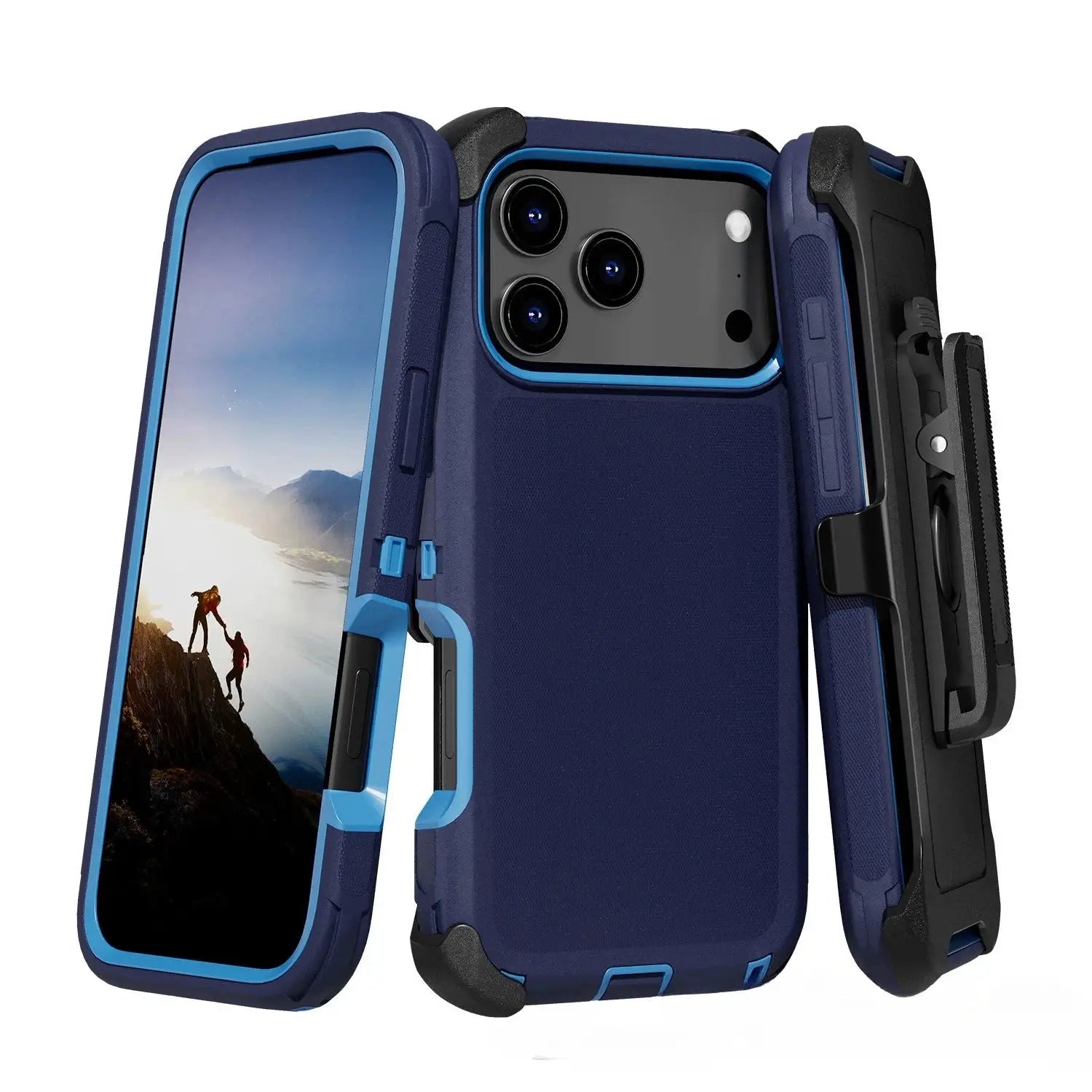 Rugged shockproof phone case with belt clip, blue and navy two-tone armor shell for iPhone 17/16/15/14/13 Pro Max