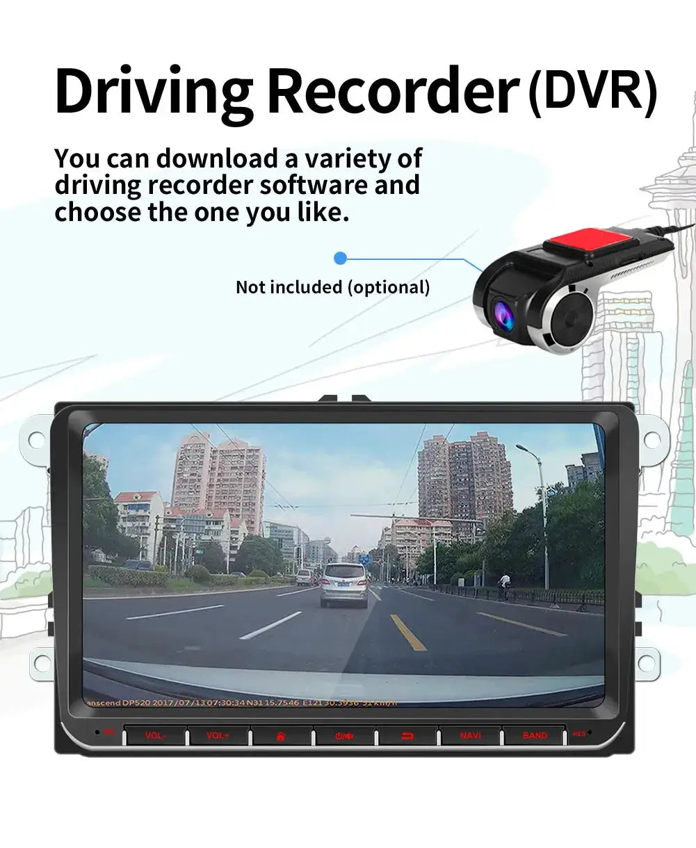 Black 2Din Android car stereo head unit for VW/Skoda with GPS, CarPlay and WiFi; optional DVR dashcam accessory shown