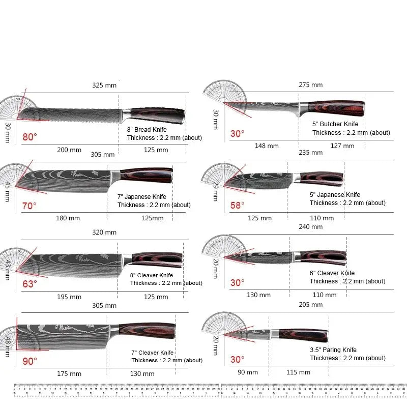 PrimeBlade Laser Damascus Kitchen Knife Set Durable Stainless Steel With Laser Pattern For Meat Fruit Bread And More