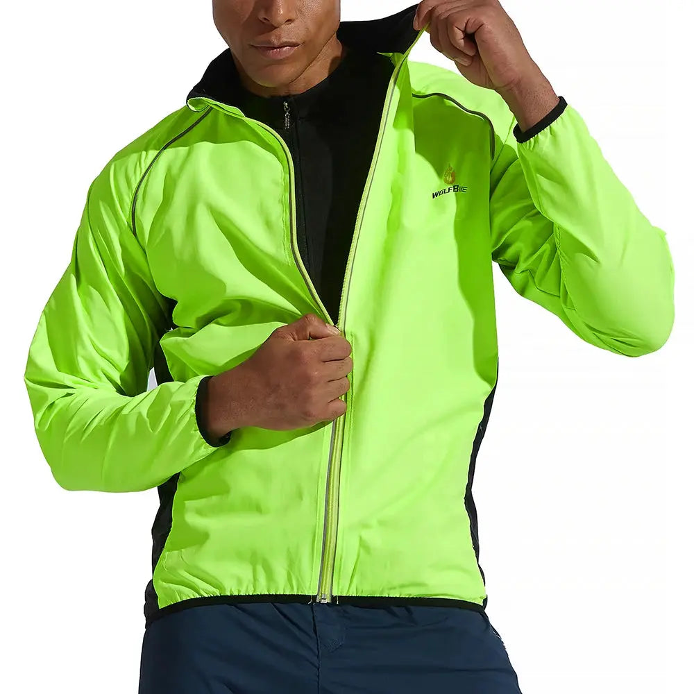 WOSAWE men's neon lime windproof water-repellent cycling jacket; long sleeves, reflective Wolfbike logo.