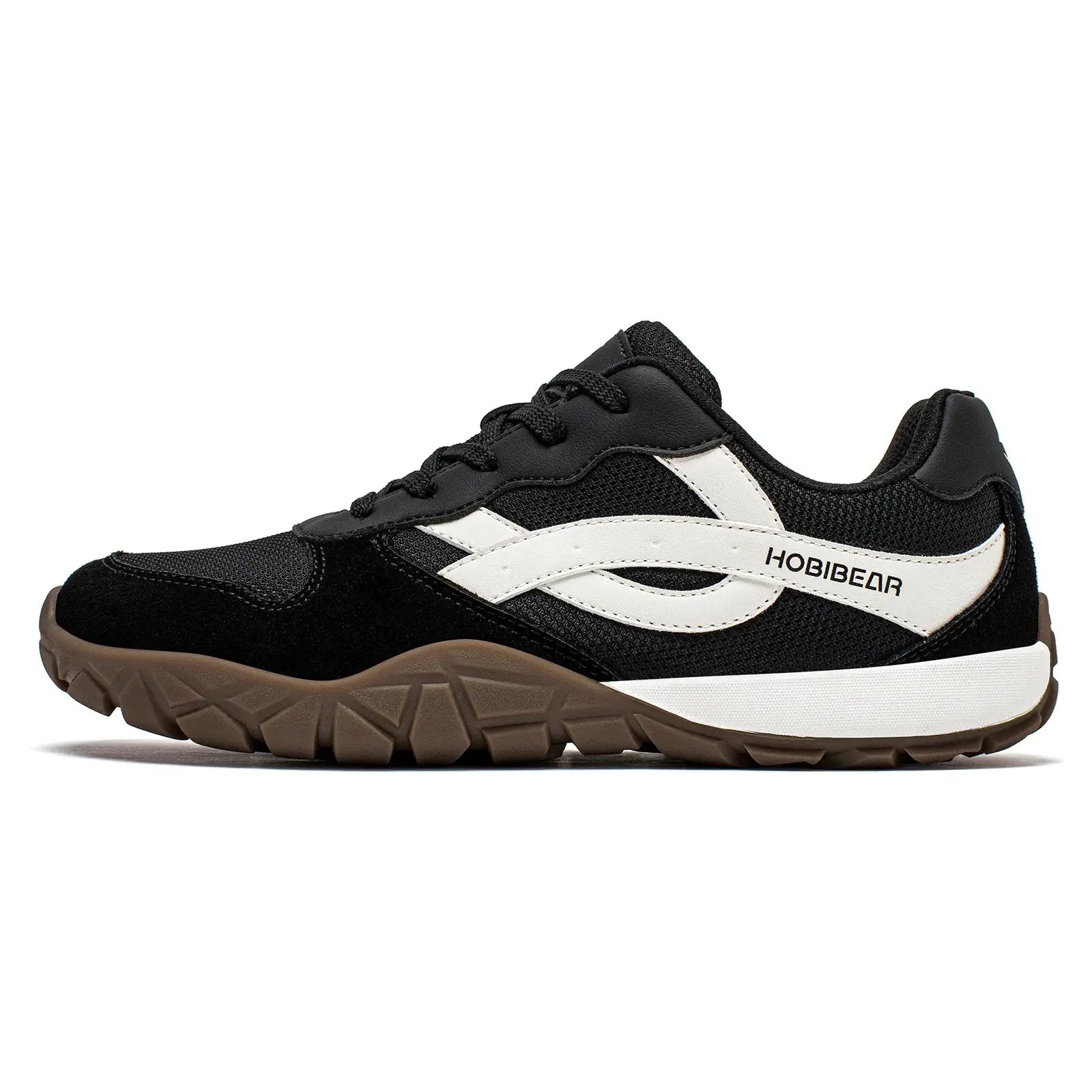 HOBIBEAR unisex wide-width sneaker in black with white side stripe and brown sole