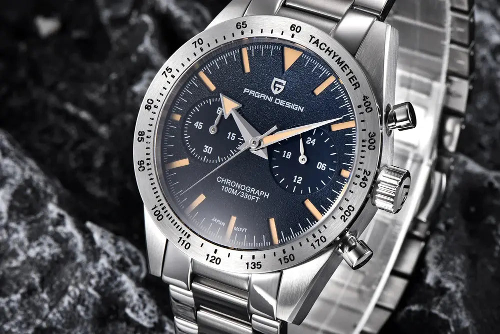 Pagani Design men's chronograph watch with stainless steel case, blue dial, sapphire crystal, tachymeter bezel.