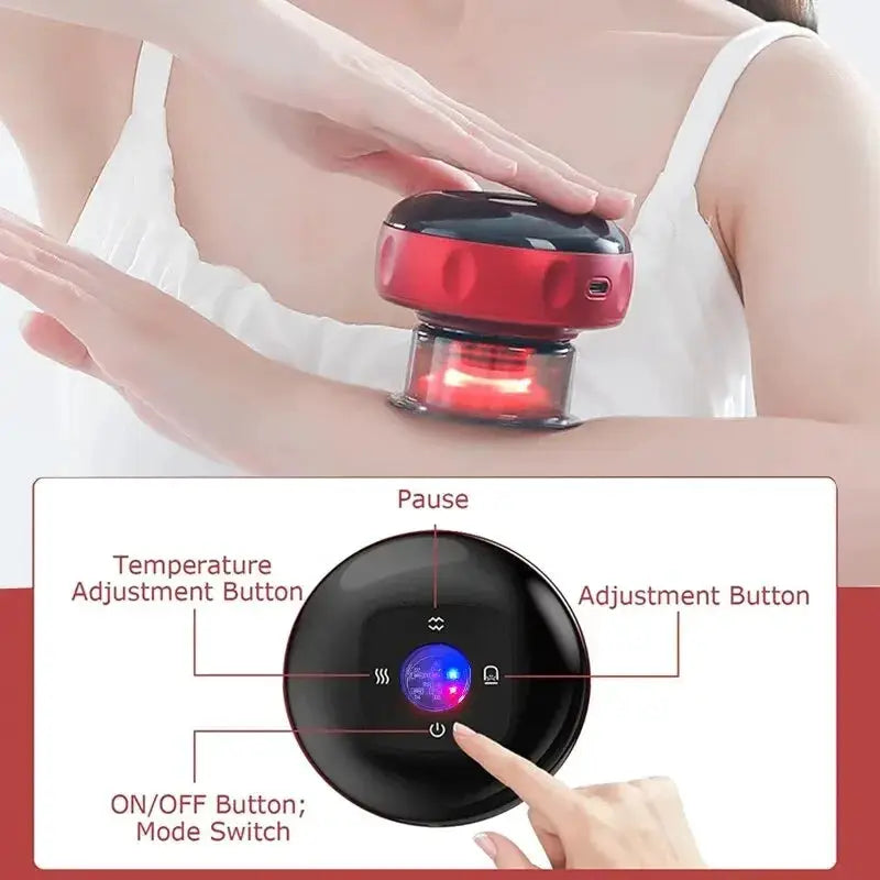 Circular red and black vacuum cupping massager with transparent suction cup and blue light on the arm.