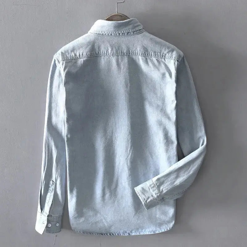 Long-sleeve light-blue 100% cotton denim shirt, back view