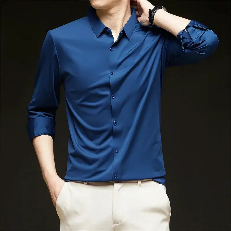 Men's blue wrinkle-resistant long-sleeve button-down dress shirt