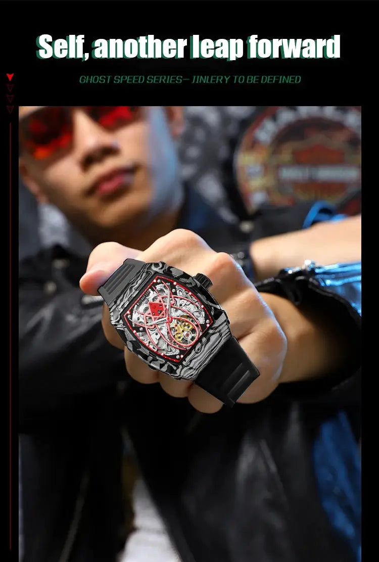 MUSANFIGO automatic hollow mechanical watch, barrel-shaped skeleton dial with red accents, black strap, luminous waterproof.