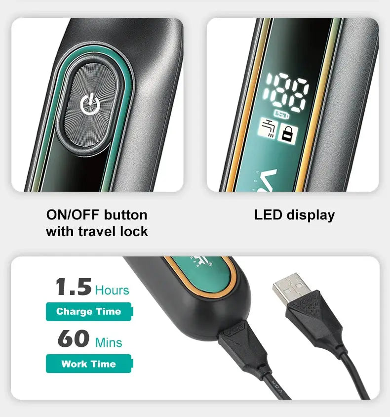 VGR 360 Hair Trimmer by Simples Market, black with green accents, waterproof rechargeable with LED display.