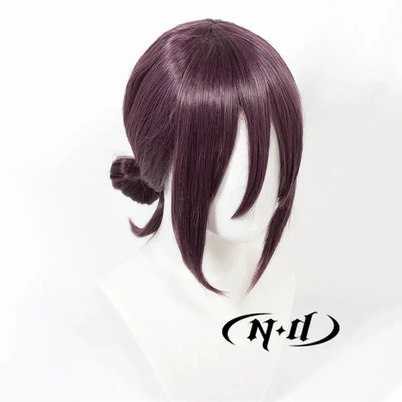 ND Reze cosplay wig by Simples Market, burgundy-purple, heat resistant, short layered with side bangs