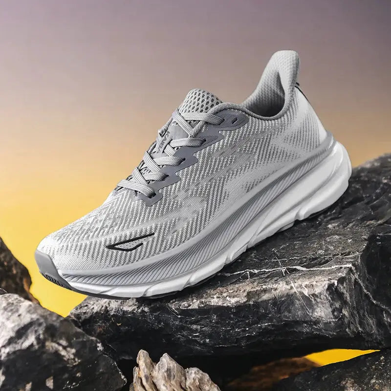 Men's running shoes Simples Market, gray and white breathable mesh with cushioned sole