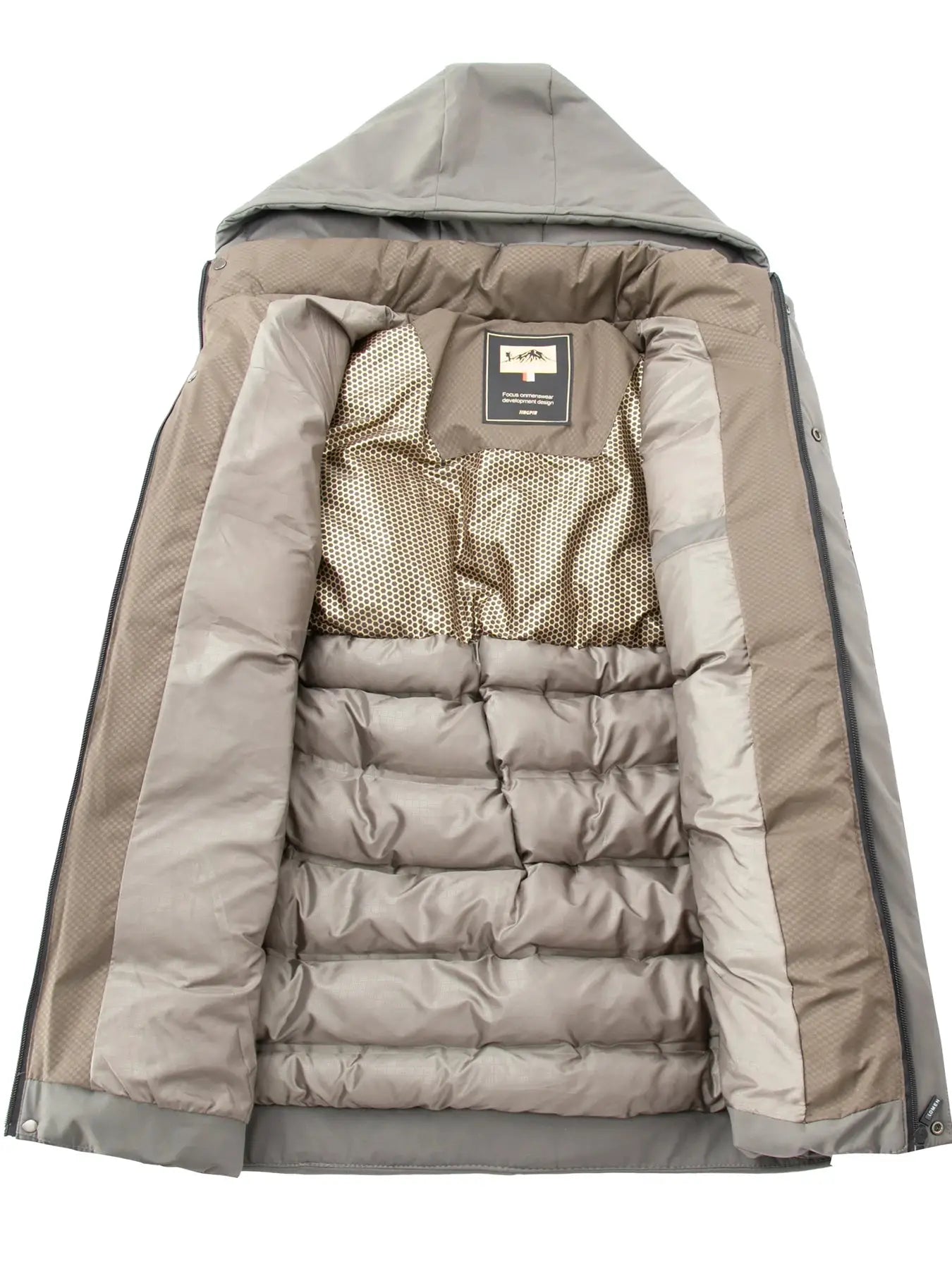 Men's cotton jacket by Simples Market, shown open with taupe quilted padding and hood.