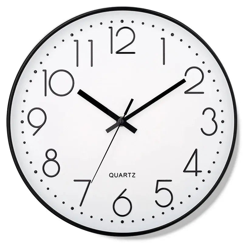 8-inch mute wall clock with white face, black numerals and black frame, quartz movement