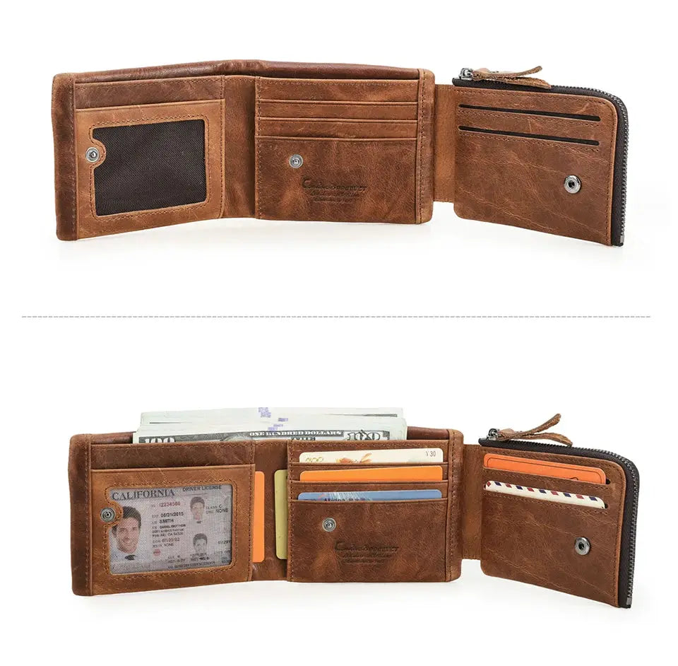Wallet by Simples Market, genuine Crazy Horse leather, brown trifold with zip coin pocket