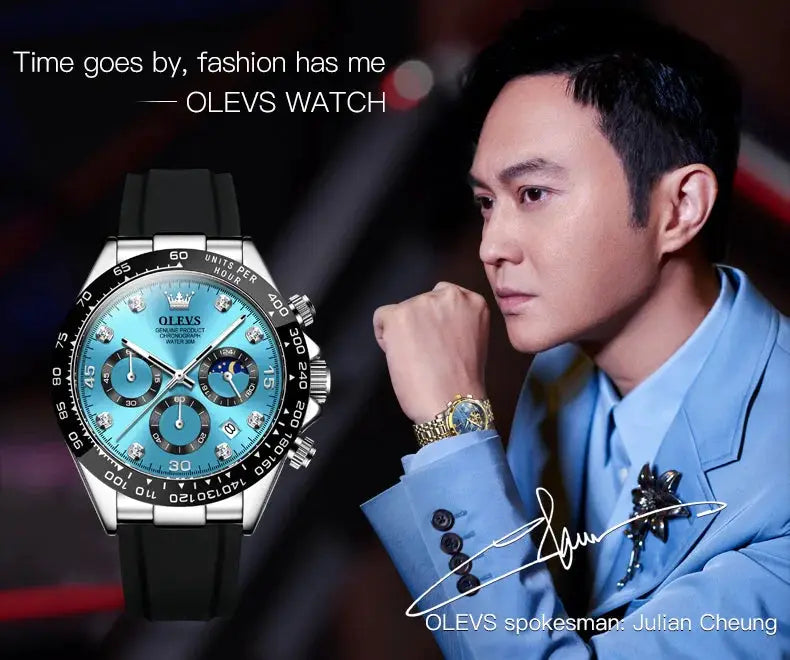 OLEVS men's blue-dial chronograph watch with silicone strap; two watches shown.