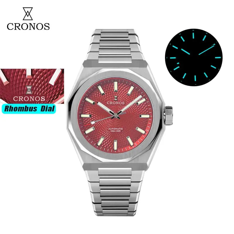 Cronos men's automatic wristwatch with red rhombus-perlage dial, see-through caseback and stainless steel bracelet