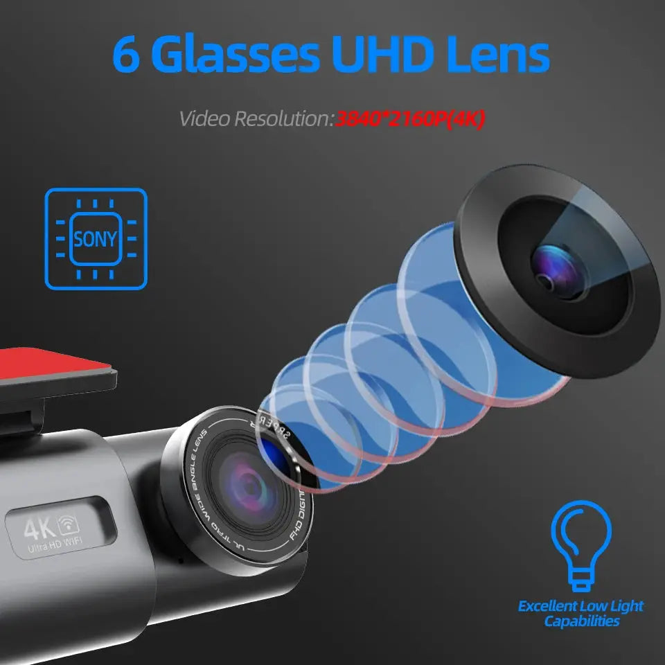 Dash Cam 4K GPS WIFI with night vision, optional rear lens; Sony sensor graphic, black, Simples Market