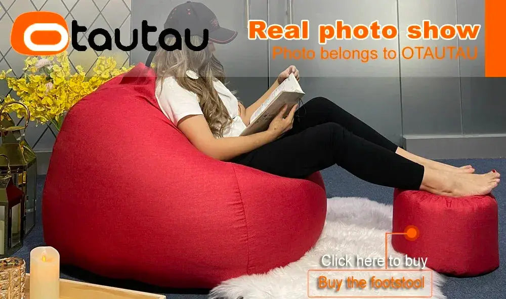 OTAUTAU 70cm red cotton-linen bean bag sofa with filler and matching footstool (2 pieces)
