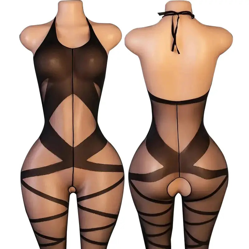 LaceNova Leopard Print Mesh Bodystocking See Through Crotchless Backless Full Sleeve Lingerie Bold Silhouette