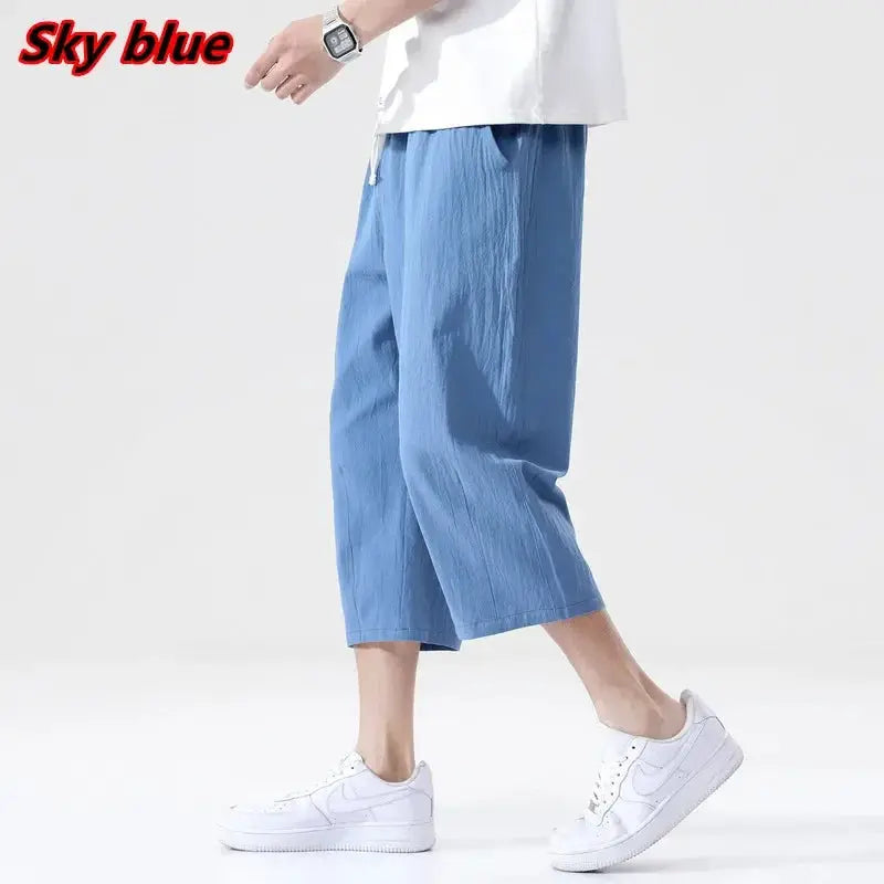 Men's sky blue casual linen shorts, lightweight straight-cut, cropped above ankle