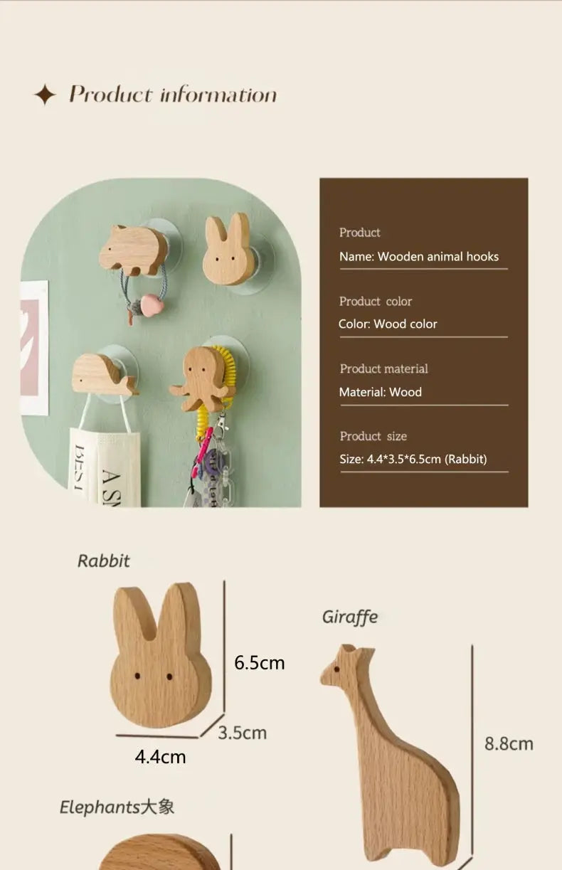 Wooden animal hooks set for kids, rabbit, giraffe and elephant shapes, solid wood, Simples Market