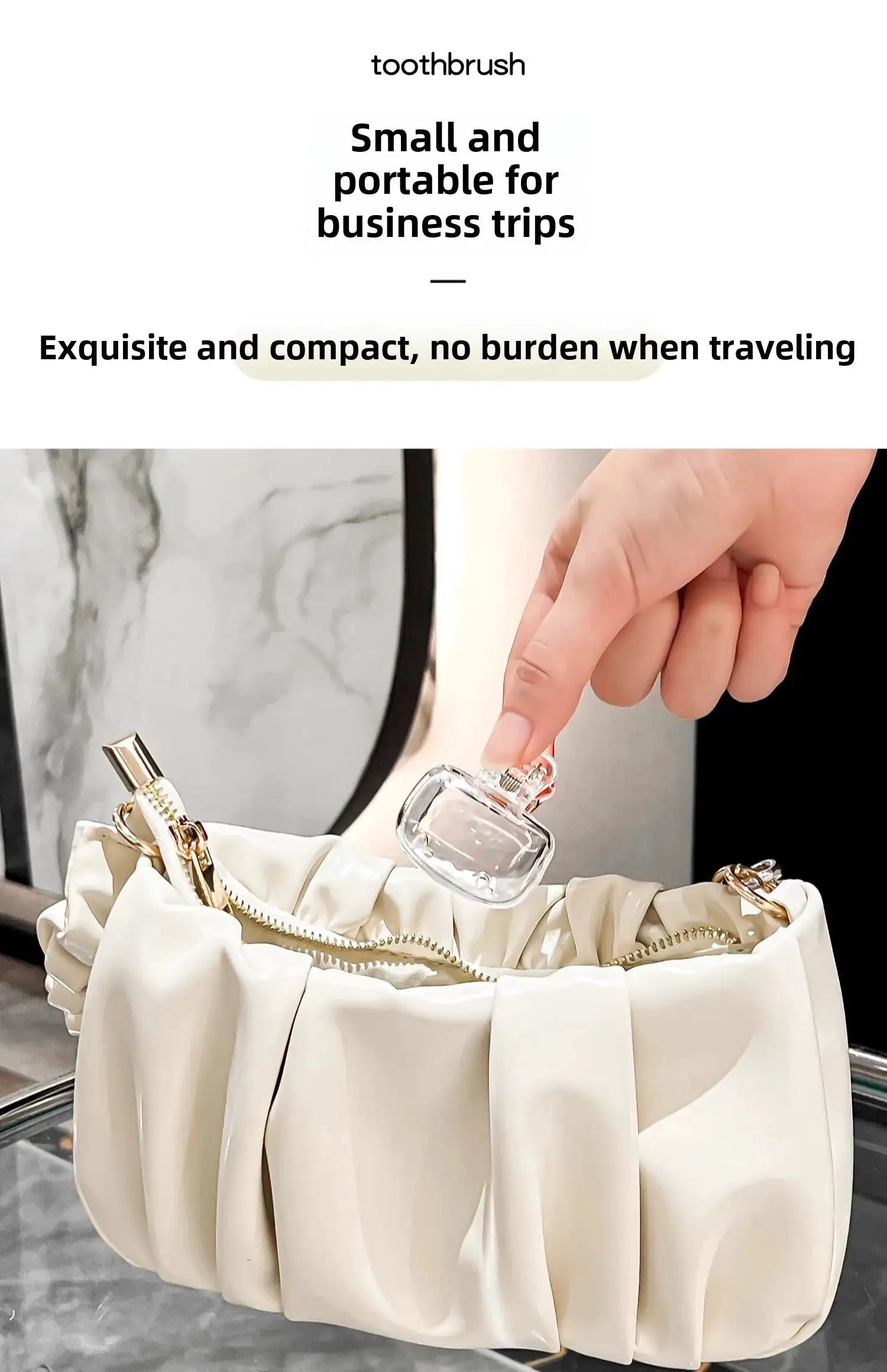 Toothbrush head covers 2-pack travel case by Simples Market; color combo clips, shown with beige handbag