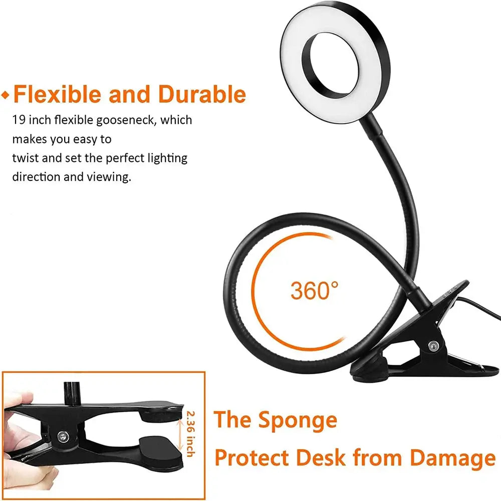 Simples Market black desk lamp with 48 LEDs USB clip-on light, 360-degree flexible gooseneck and ring head