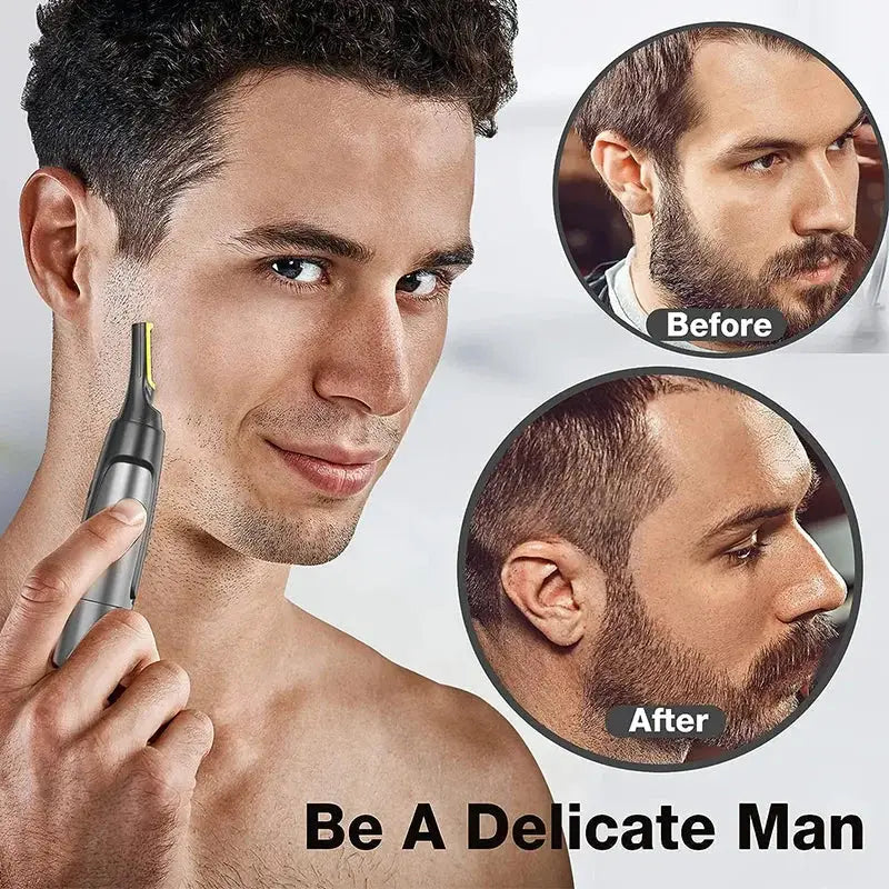 Nose/ear/face trimmer in silver and black held by man for grooming; before/after beard images.