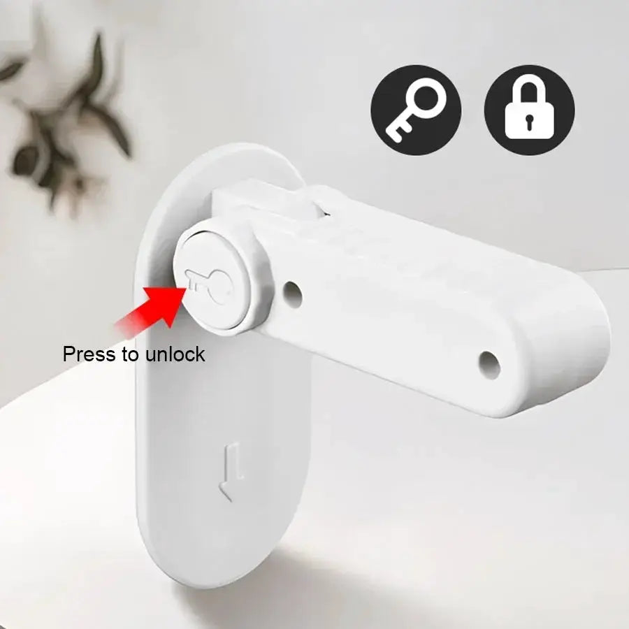 Simples Market universal door lever lock, white plastic anti-open child-safety lock with hidden button.