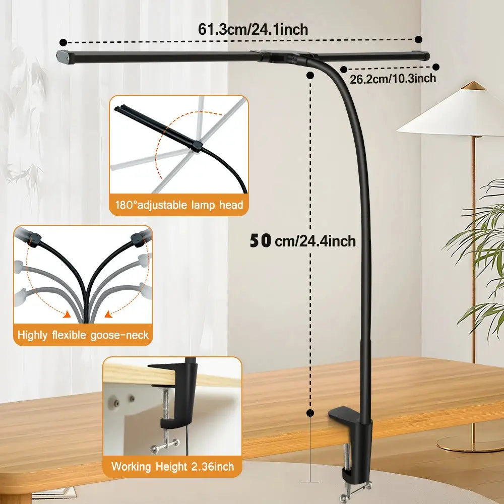 Simples Market LED desk lamp with adjustable gooseneck, clamp base, dimmable, double/single head, black